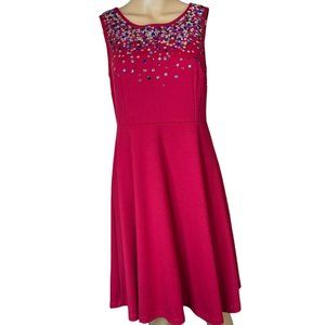Land’s End Fit & Flare Dress Size S P 6-8 Red Sequin Neck Stretch Knee Length